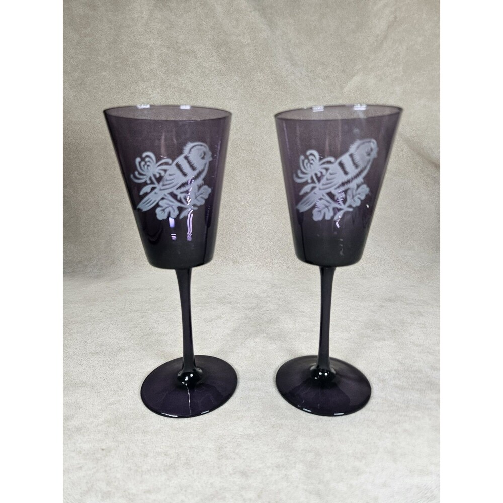 Dark Purple Amethyst Glass Water Goblets Etched Floral and Birds Set of 2